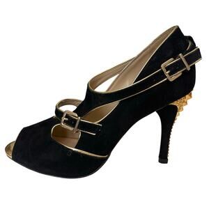 Antonio Melani Black Strappy Gold Spike Heel Pumps 7.5
